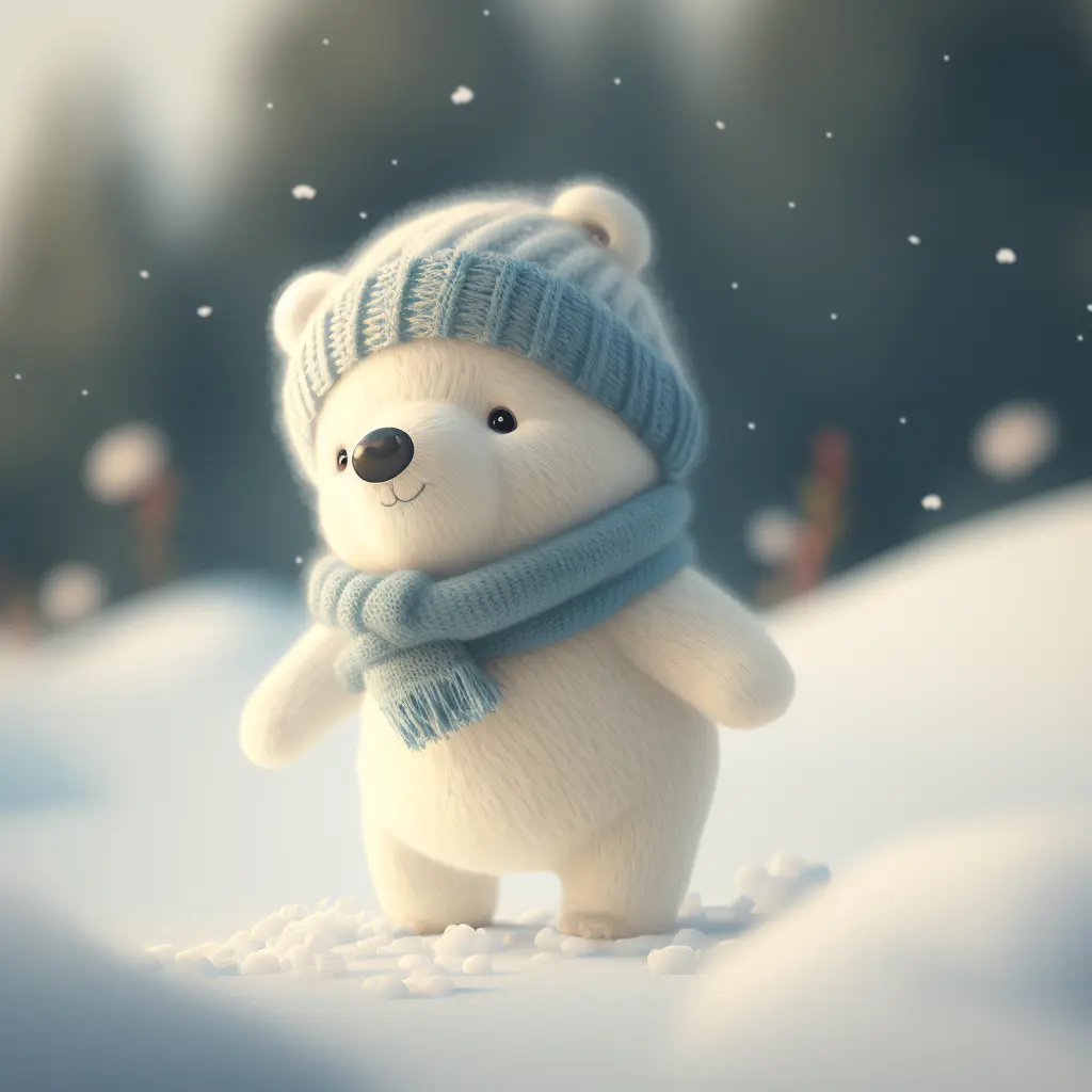 snowing winter, super cute baby pixar style white fairy bear, shiny snow-white fluffy, big bright eyes, wearing a woolly cyan hat, delicate and fine, high detailed, bright color, natural light, simple background, octane render, ultra wide angle, 8K